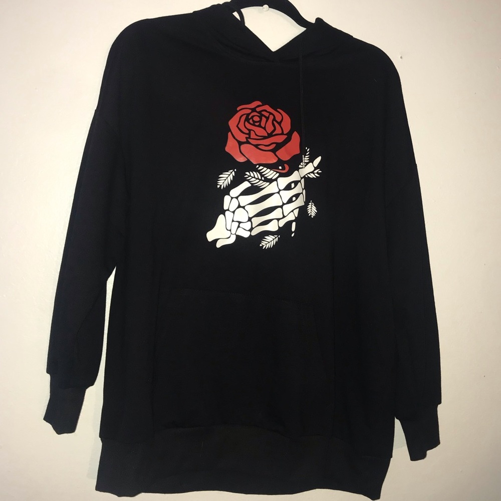 SHEIN skeleton hands holding a red rose print hoodie